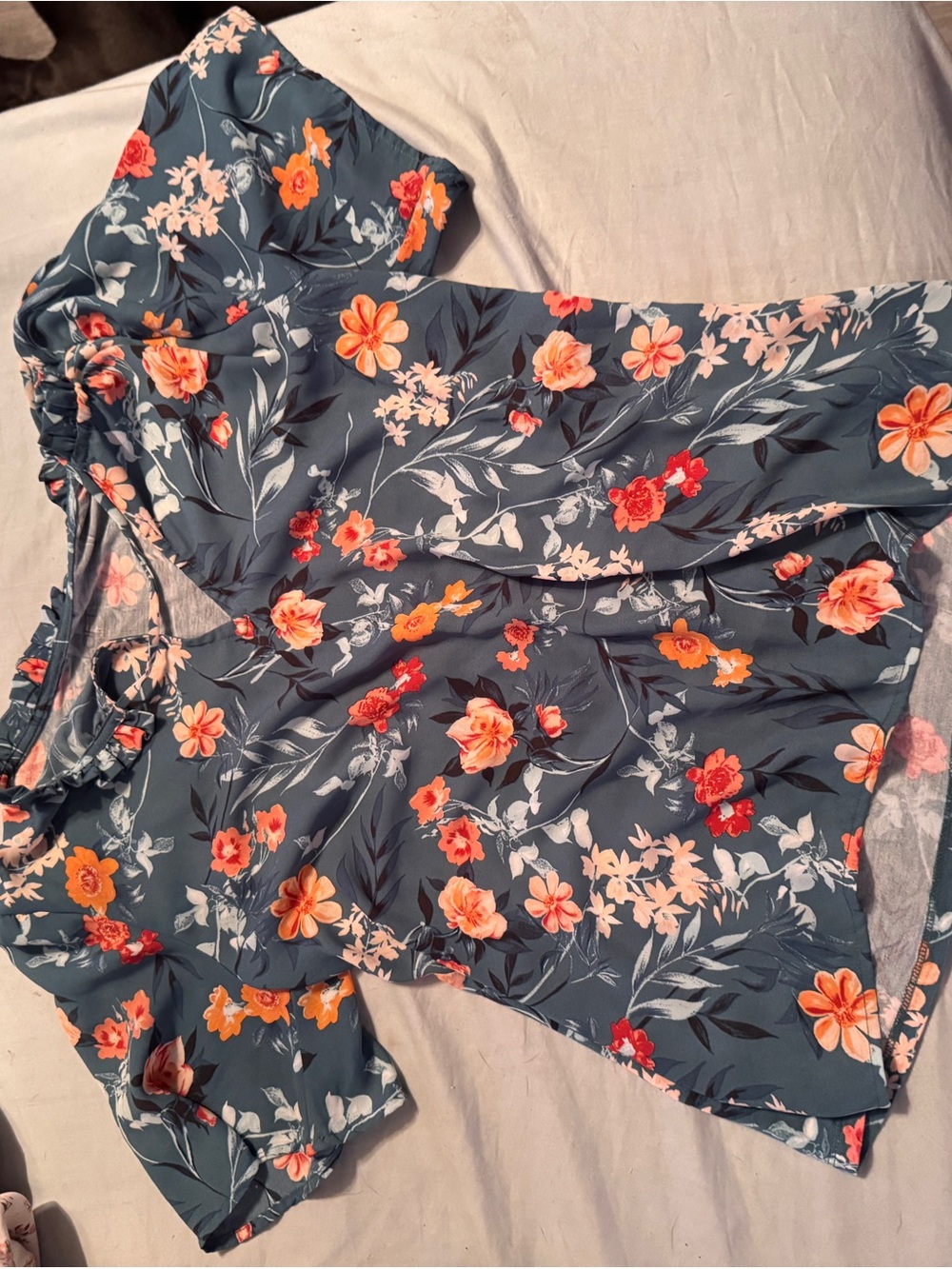 LOFT Teal Floral Short Sleeve Blouse with Orange and Coral Blooms